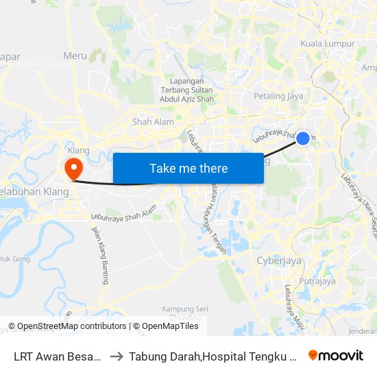 LRT Awan Besar (Kl2324) to Tabung Darah,Hospital Tengku Ampuan Rahimah. map