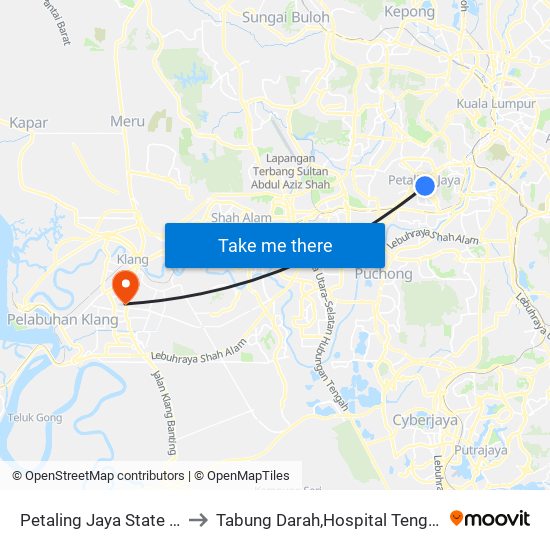 Petaling Jaya State (Utara) (Pj433) to Tabung Darah,Hospital Tengku Ampuan Rahimah. map