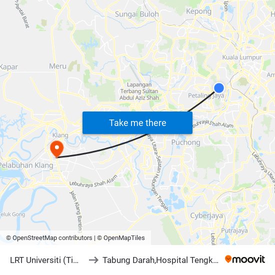 LRT Universiti (Timur) (Kl1440) to Tabung Darah,Hospital Tengku Ampuan Rahimah. map