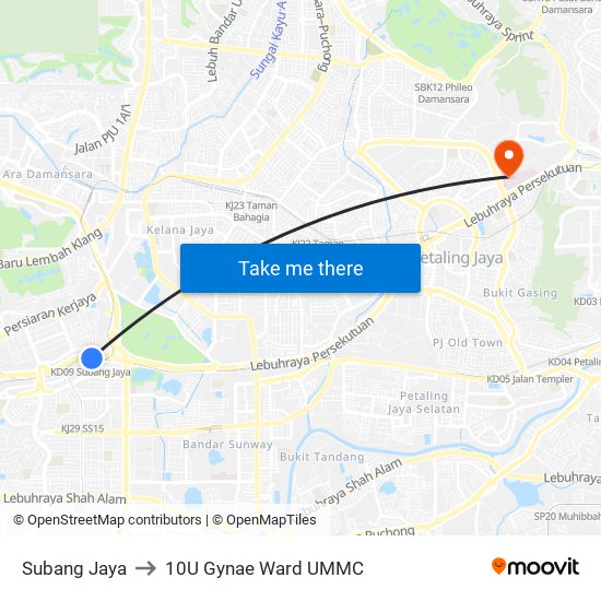 Subang Jaya to 10U Gynae Ward UMMC map