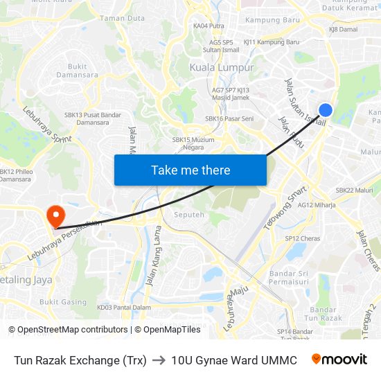 Tun Razak Exchange (Trx) to 10U Gynae Ward UMMC map