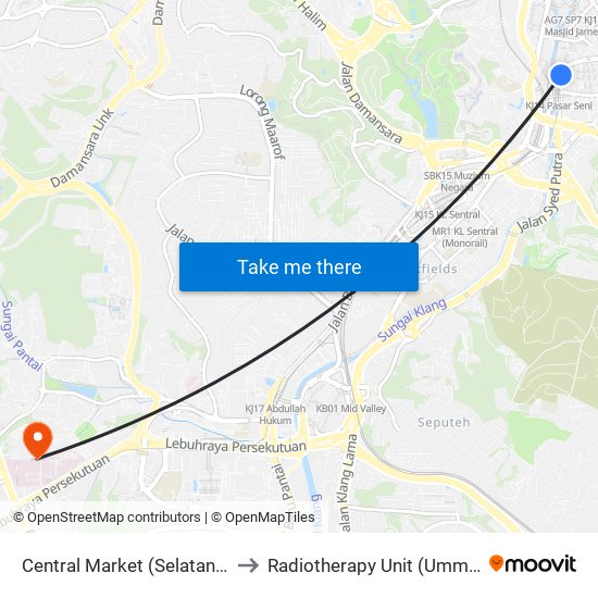 Central Market (Selatan) (Kl109) to Radiotherapy Unit (Ummc/Ppum) map