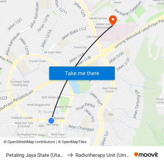 Petaling Jaya State (Utara) (Pj433) to Radiotherapy Unit (Ummc/Ppum) map