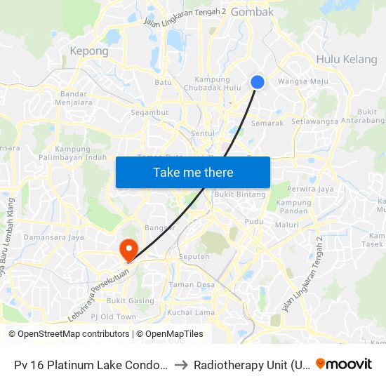 Pv 16 Platinum Lake Condominium (Kl1520) to Radiotherapy Unit (Ummc/Ppum) map