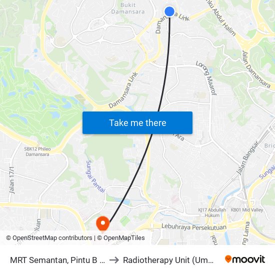 MRT Semantan, Pintu B (Kl1174) to Radiotherapy Unit (Ummc/Ppum) map