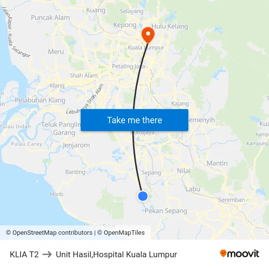 KLIA T2 to Unit Hasil,Hospital Kuala Lumpur map