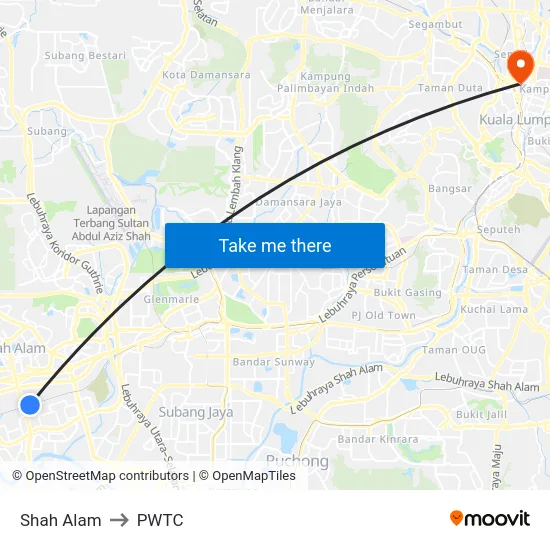 Shah Alam to PWTC map