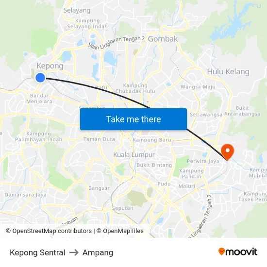 Kepong Sentral to Ampang map