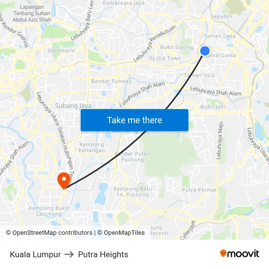 Kuala Lumpur to Putra Heights map