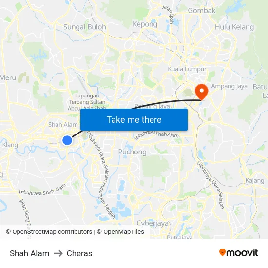 Shah Alam to Cheras map