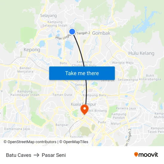 Batu Caves to Pasar Seni map