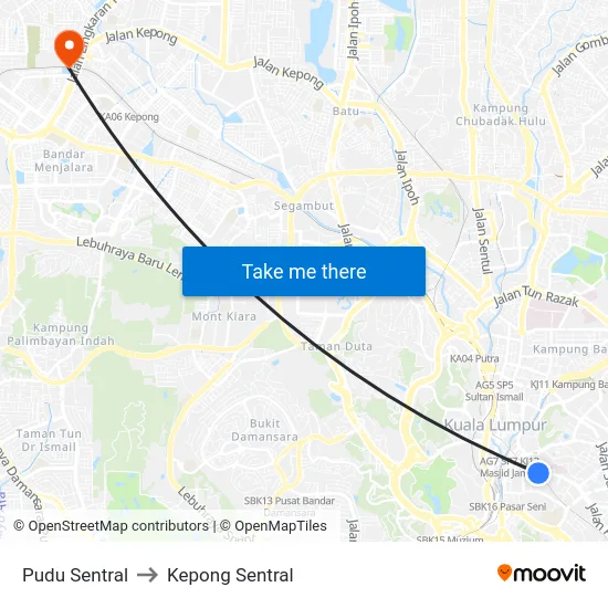 Pudu Sentral to Kepong Sentral map
