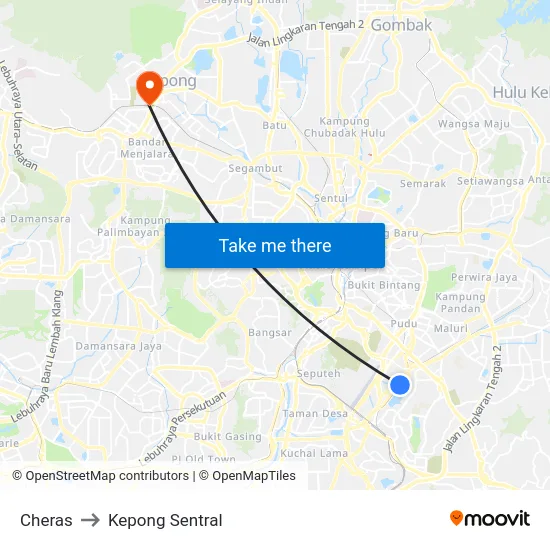 Cheras to Kepong Sentral map