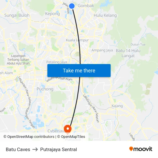 Batu Caves to Putrajaya Sentral map