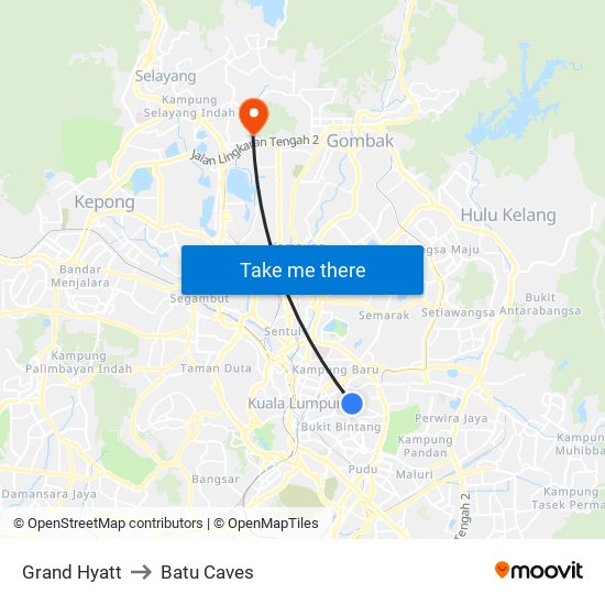 Grand Hyatt to Batu Caves map