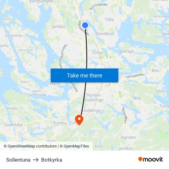 Sollentuna to Botkyrka map