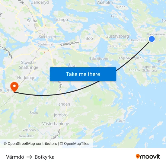 Värmdö to Botkyrka map