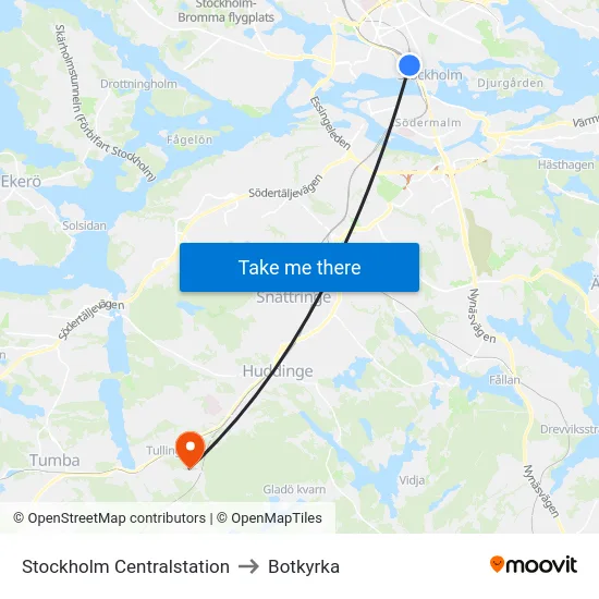 Stockholm Centralstation to Botkyrka map