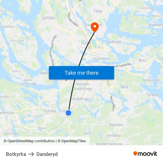 Botkyrka to Danderyd map