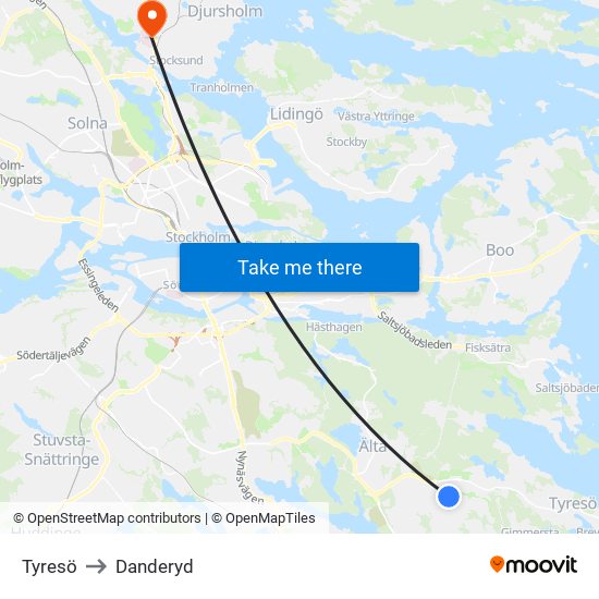 Tyresö to Danderyd map