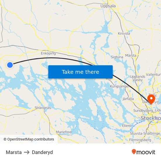 Marsta to Danderyd map