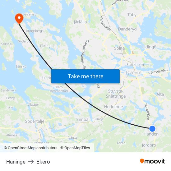 Haninge to Ekerö map