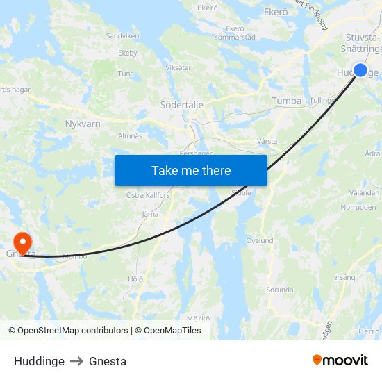 Huddinge to Gnesta map