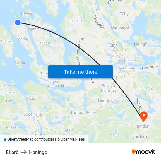 Ekerö to Haninge map