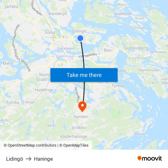 Lidingö to Haninge map