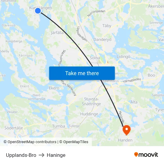 Upplands-Bro to Haninge map