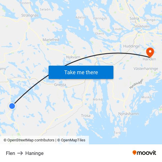 Flen to Haninge map