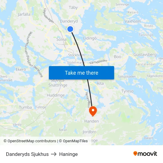 Danderyds Sjukhus to Haninge map