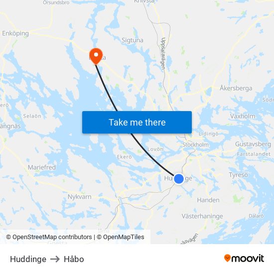 Huddinge to Håbo map