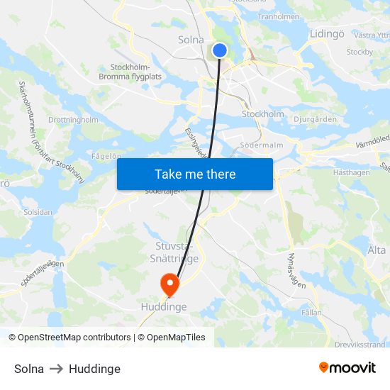 Solna to Huddinge map