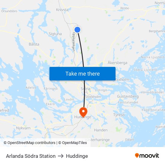 Arlanda Södra Station to Huddinge map