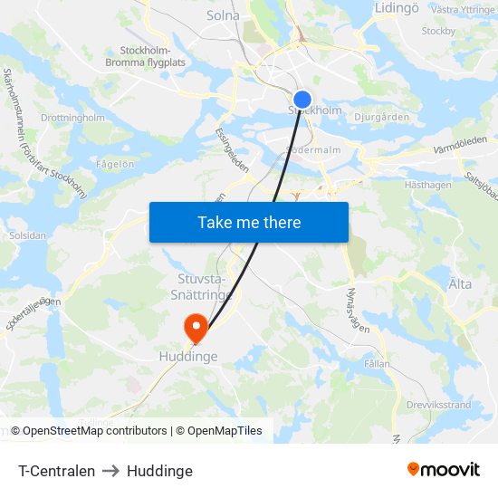 T-Centralen to Huddinge map