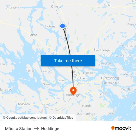 Märsta Station to Huddinge map