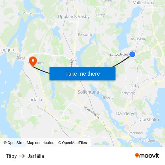 Täby to Järfälla map