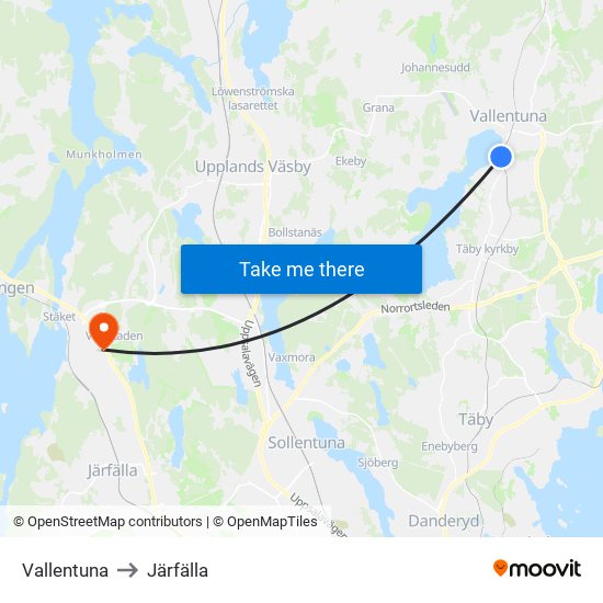 Vallentuna to Järfälla map