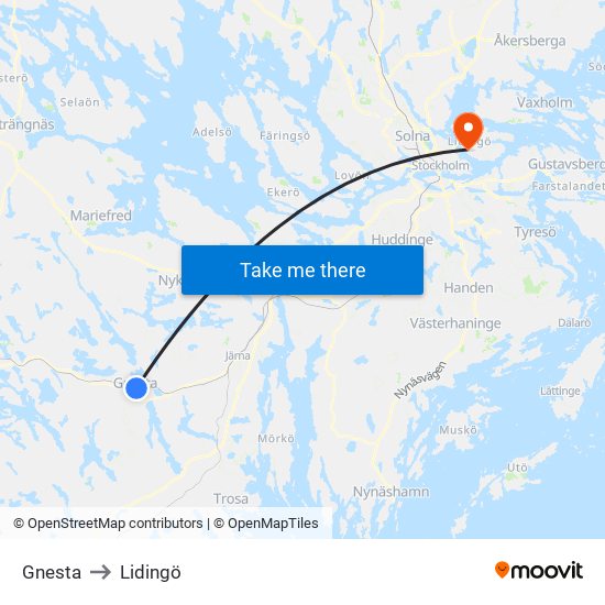 Gnesta to Lidingö map