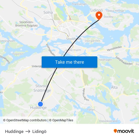 Huddinge to Lidingö map