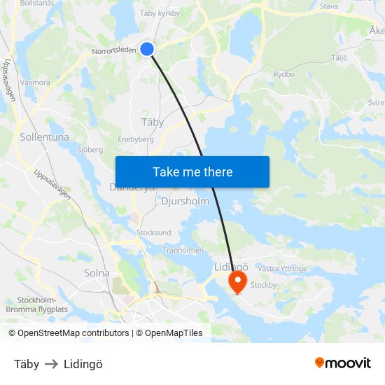 Täby to Lidingö map