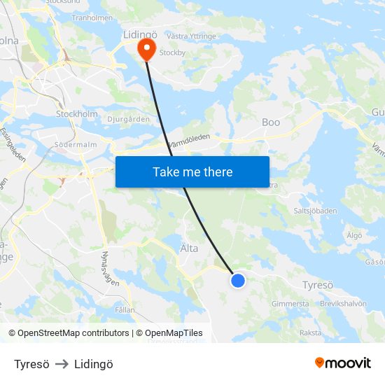 Tyresö to Lidingö map