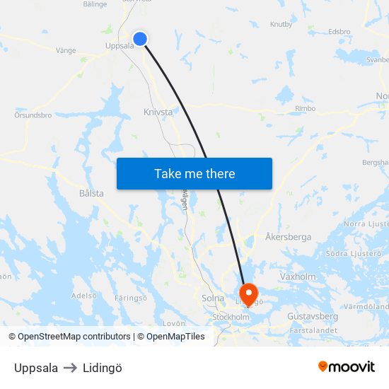 Uppsala to Lidingö map