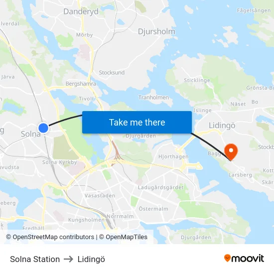 Solna Station to Lidingö map