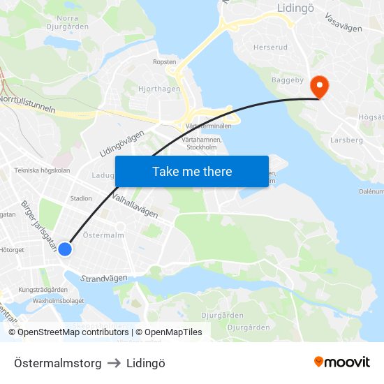 Östermalmstorg to Lidingö map