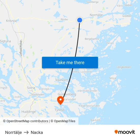 Norrtälje to Nacka map