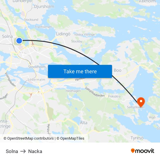 Solna to Nacka map