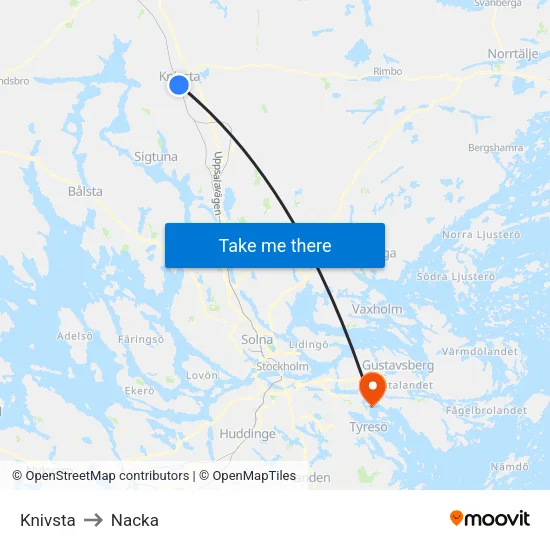 Knivsta to Nacka map