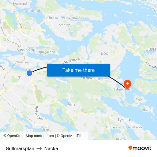 Gullmarsplan to Nacka map